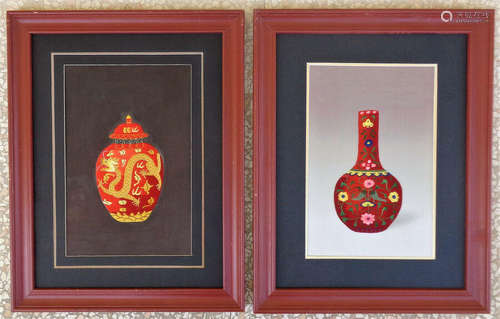 CINA (China): Pair of Chinese Vintage silk embroidered vase panel