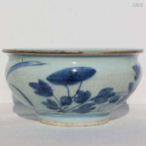 CHINA MING DYNASTY CHINESE BLUE & WHITE FLORAL LOTUS FLOWER LARGE PORCELAIN BOWL