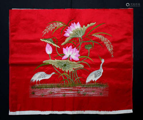 ANTIQUE CHINESE SILK EMBROIDERY PANEL - HAND EMBROIDERED LOTUS CRANES - RUBY RED