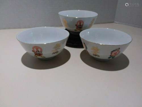 3 Vintage Chinese Rice Bowls - 4 Characters - Prosperity, Longevity......