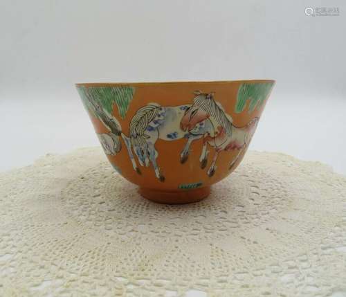 EXCEPTIONAL 19th C TONGZHI MARK VIVID ORANGE TEA BOWL WITH HORSES