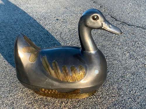 RARE Antique Chinese Brass & Pewter DUCK Basket Bowl & Lid UNIQUE & RARE ❤️sj7m