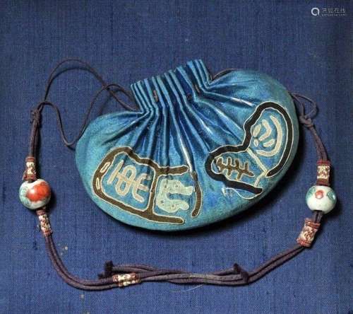 ANTIQUE CHINESE CHINA QING SILK EMBROIDERY GOLD SILVER  POUCH PURSE KESI 19thC