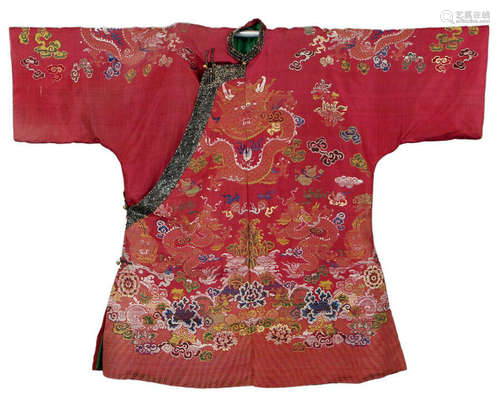 19th ANTIQUE CHINESE EMBROIDERY RED ROBE QING DYNASTY