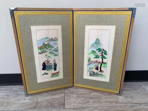 Vintage Pair of Chinese Silk Embroidered Landscape Scenes In Folding Frame