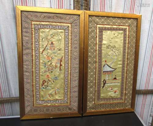 2 framed china panels mandarin on silk embroidery  Landscape Vintage  18