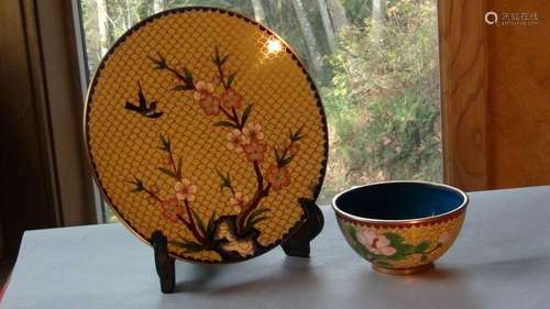 SET OF 2 EARLY 20C CHINESE CLOISONNE PLATE AND BOWL WITH A BLOSSOM CHERRY& BIRD