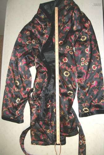 Vtg Chinese  Silk Blend Robe Black , Red , Gold , Floral , W/ Belt