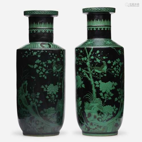 Chinese, Famille Noire 'Flora and Fauna' vases