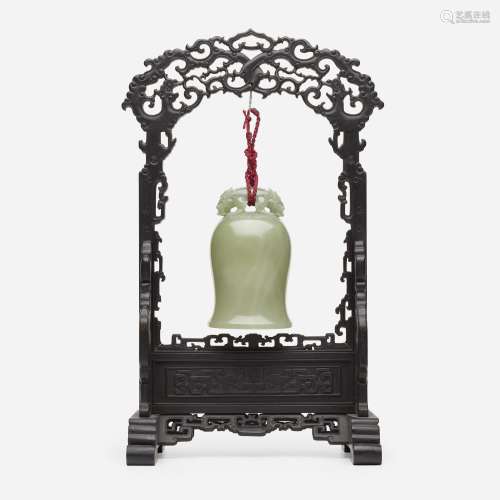 Chinese, celadon jadeite carved bell and stand