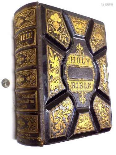 1885 GILT LEATHER HOLMAN HOLY BIBLE ILLUSTRATED