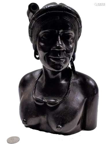 FOLK CARVED EBONY FEMALE ISLANDER BUST