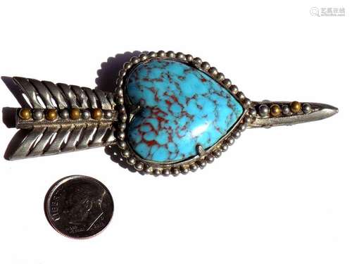 SOUTHWESTERN SILVER TURQUOISE HEART ARROW BROOCH