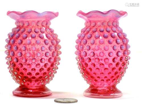 FENTON PAIR PINK HOBNAIL CABINET VASES