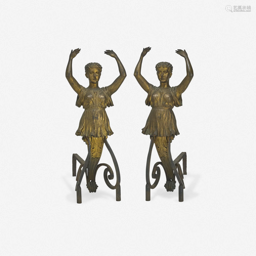 Continental, Grecian figural andirons, pair