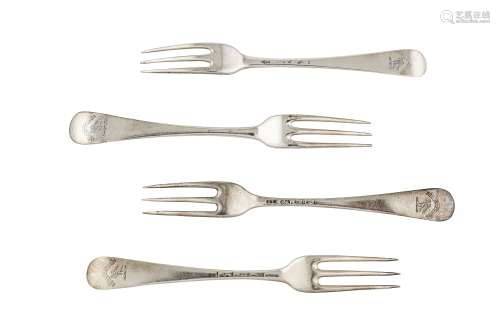 A matched set of four George II/III sterling silver table forks, mostly by Issac Callard (reg. 7th