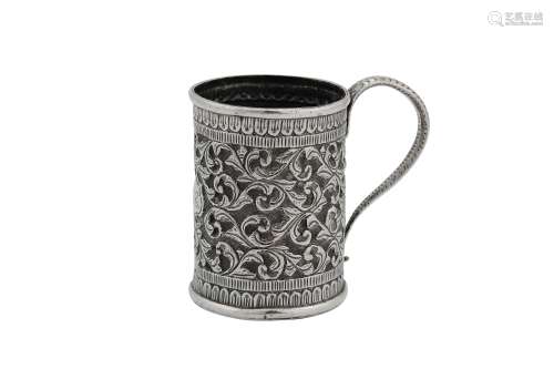 An early 20th century Anglo – Indian Raj unmarked silver christening mug, Kutch circa 1920