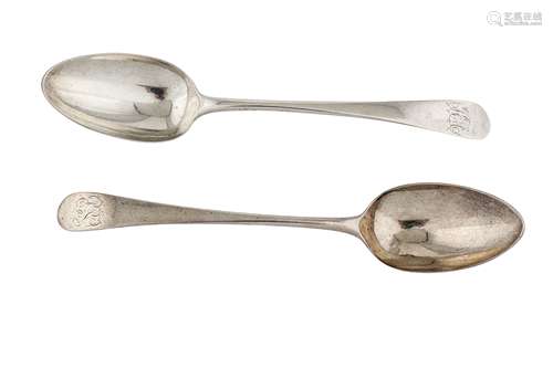 A matched pair of George III sterling silver tablespoons, London 1777 and 1784 by Hester Bateman