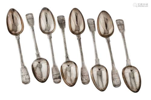 A set of eight George IV sterling silver table spoons, London 1825 by John Hawkins