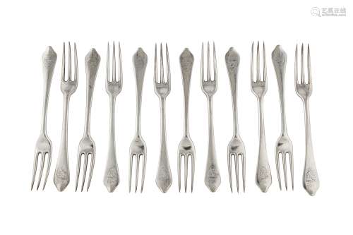 A set of twelve Victorian sterling silver table forks, London 1880 by Francis Higgins