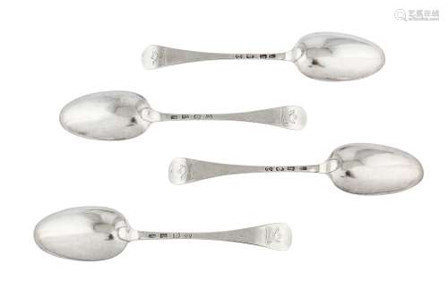 A set of four George II sterling silver tablespoons, London 1740 by James Wilkes (this mark reg.