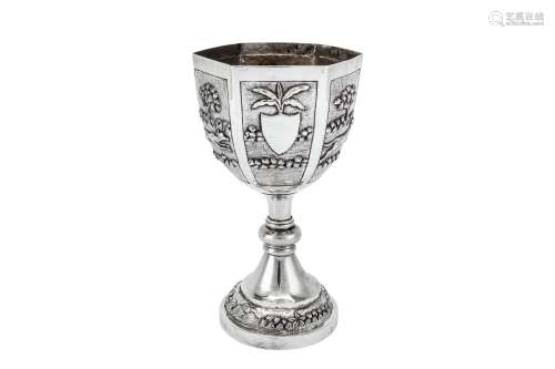 An early 20th century Anglo – Indian Raj unmarked silver goblet trophy / standing cup, Calcutta