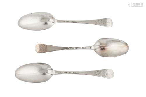 A pair of early George II sterling silver tablespoons, London 1728 by Joseph Smith I (this mark reg.