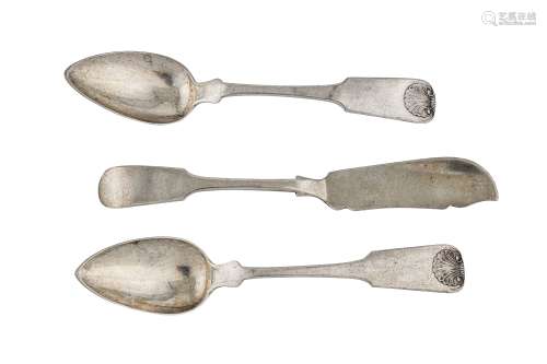 A pair of mid-19th American coin silver dessert spoons, New York, circa 1850 by Fredrick Marquand