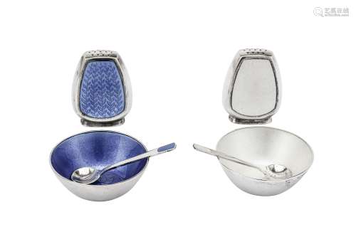 A mid-20th century Danish sterling silver and guilloche enamel cruet set, Copenhagen circa 1960 by