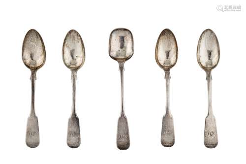 A set of four Victorian Scottish provincial sterling silver teaspoons and sugar shovel, Aberdeen