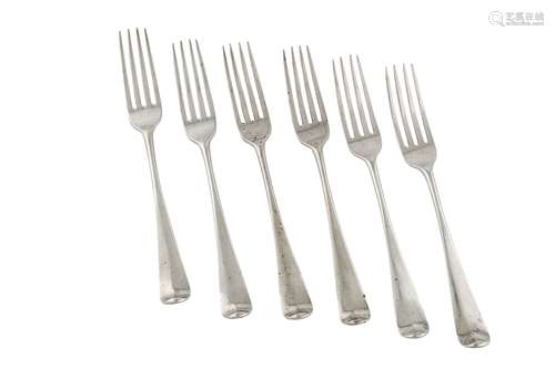 A set of six George III provincial sterling silver table forks, York 1794 by John Hampston & John