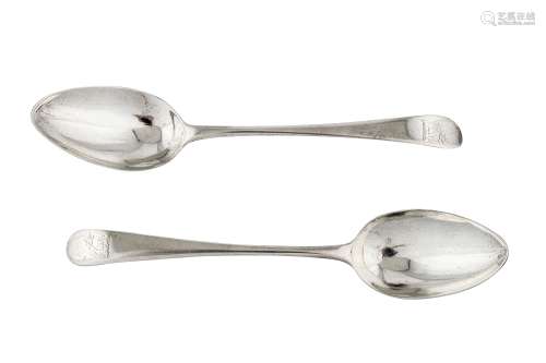 A pair of George III provincial sterling silver tablespoons, Exeter 1784 (No Duty mark) by Thomas