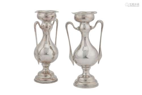 A pair of Edwardian sterling silver vases, Sheffield 1903 by Walker and Hall