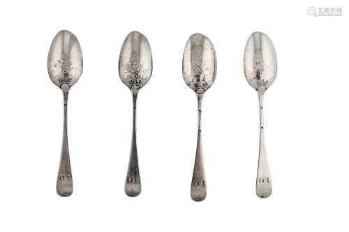 A set of four George III sterling silver picture back teaspoons, London circa 1775 by Hester