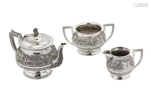 A mid-20th century Anglo - Indian Raj silver three-piece tea service, probably Bombay circa 1940