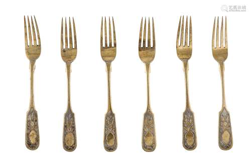 A set of six Alexander III Russian provincial parcel gilt 84 zolotnik (875 standard) dessert forks,