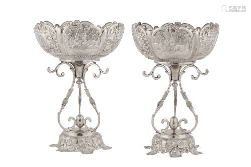 A pair of mid-20th century Anglo – Indian Raj unmarked silver standing bowls, Bombay circa 1940