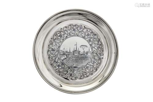 An Alexander II Russian 84 zolotnik (875 standard) silver and niello dish, Moscow 1863 by M.
