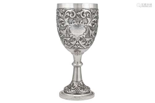 A late 19th century Indian colonial unmarked silver trophy standing cup, Calcutta circa 1876 attrib