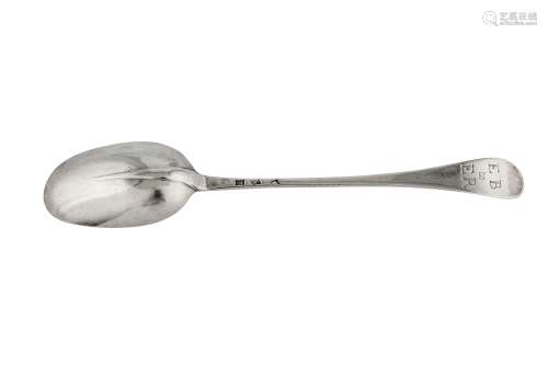 An early George II sterling silver basting spoon, London 1728 by Richard Scarlett (reg. 24th June