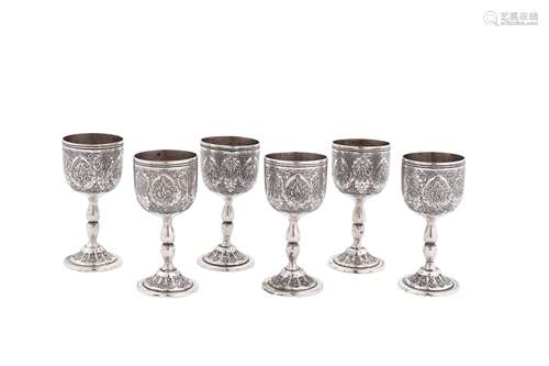 A set of six mid-20th century Iranian (Persian) unmarked silver spirit cups, Isfahan circa 1960