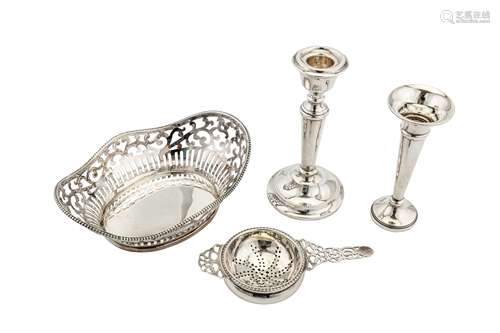 A mixed group of sterling silver including an American nuts basket, import marks for London 1974 by