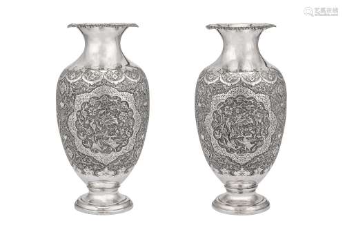 A pair of late-20th century Iranian (Persian) silver vases, Isfahan circa 1980-2000 mark of