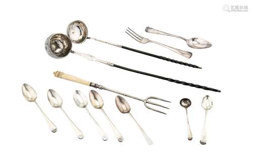 A mixed group of silver flatware, including and an 18th century punch ladle bowl