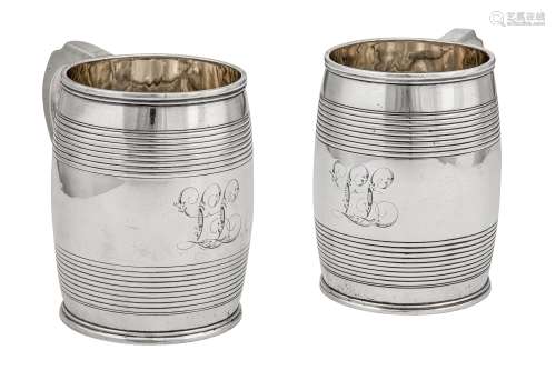 A pair of George III sterling silver mugs, London 1818 by William Bateman II