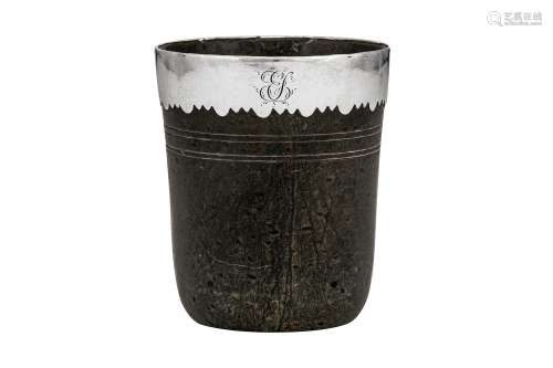 An 18th century unmarked silver mounted serpentine beaker, the beaker probably German circa 1700-50,