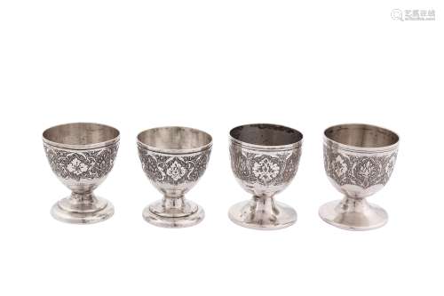 Two pairs of mid-20th century Iranian (Persian) unmarked silver egg cups, Isfahan circa 1960