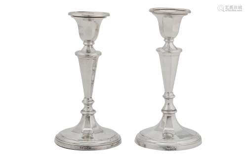 A pair of George V sterling silver desk candlesticks, Sheffield 1928 by Walker and Hall