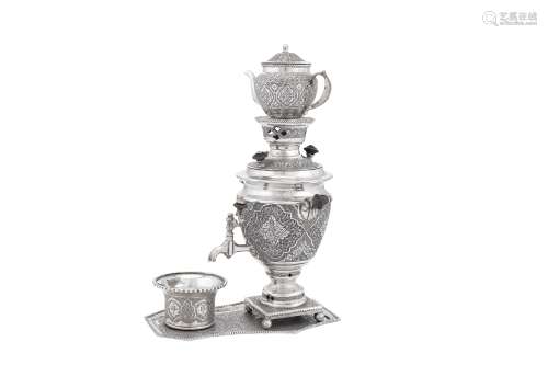 A mid to late-20th century Iranian (Persian) 840 standard silver samovar set on stand, Isfahan 1969-