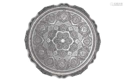 A mid-20th century Iranian (Persian) unmarked silver circular tray, Isfahan circa 1950